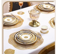 Sieral Round Pressed Vinyl Placemats 로즈 골드 플레이스 매트 세트 금속 플레이스 매트 코스터 및 컵 받침 포함 미끄럼 방지 테이블 매트 다이닝 주방 장식 (96 Pcs), 15 x 인치/38 cm