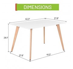 FurnitureR 가정용 부엌 거실 코너 작은 공간 레저용 둥근 너도밤나무 다리가 있는 미니멀리스트 직사각형 식탁, 43.3인치, 흰색