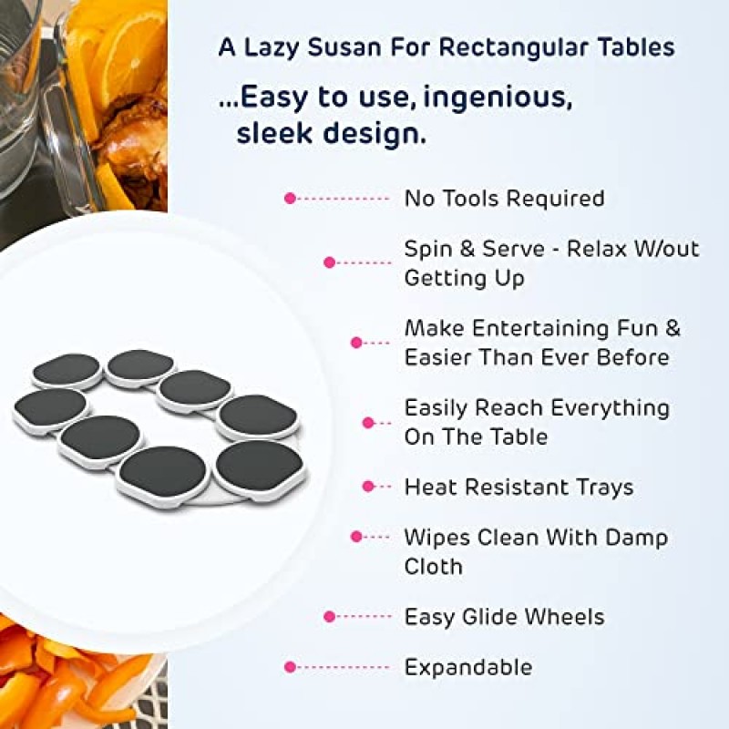 Lazy Susan Revolution - 직사각형의 길고 직사각형 테이블을 위한 최초의 특허 받은 Lazy Susan 턴테이블 - 주방 및 식탁을 위한 확장형 Lazy Susan - 훌륭한 선물! 파티 및 모임에서의 즐거움.