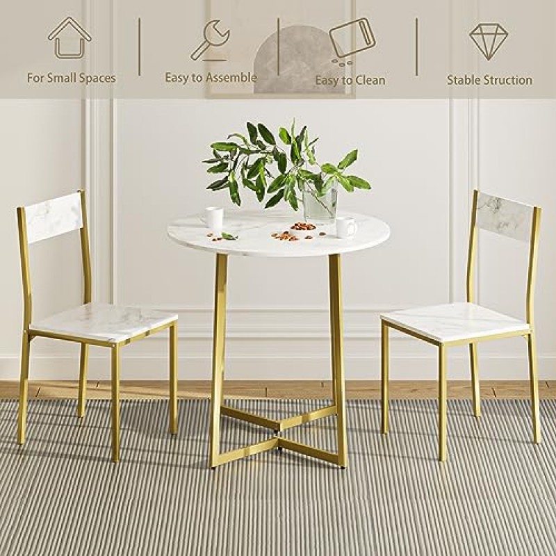 마스푸 2인용 소형 원형 식탁 세트, 강철 프레임이 있는 목재 대리석 테이블 상판, 주방 아침 식사용 의자가 있는 현대적인 식당, 거실, 흰색 및 금색