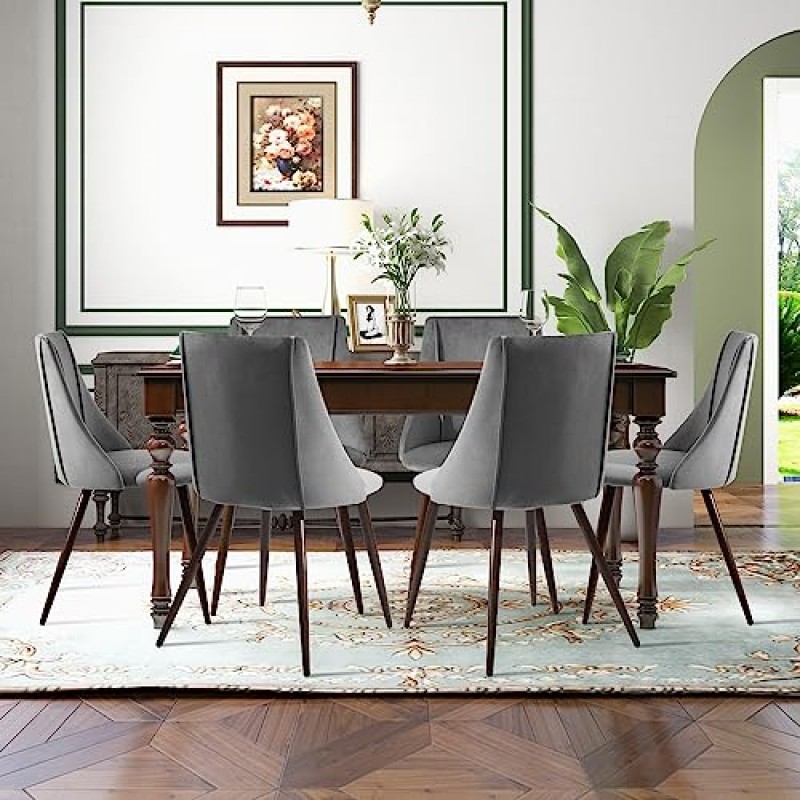 FurnitureR 식사 의자 2개 세트, 미드 센츄리 사이드 체어 주방, 식당, 침실, 거실용 대형 및 매우 부드러운 벨벳 좌석 등받이 금속 다리, 회색