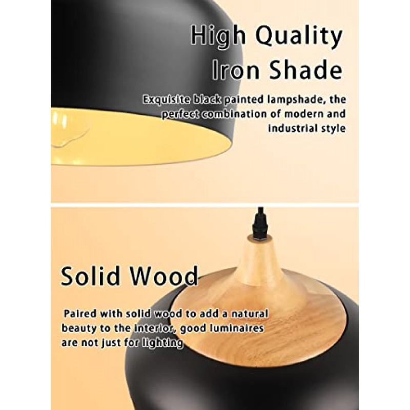 QianZhan 농가 펜던트 조명기구, 부엌 섬 헛간 식당 침실에 대한 단단한 나무 조정 가능한 검은 펜던트 조명과 현대 매달려 조명
