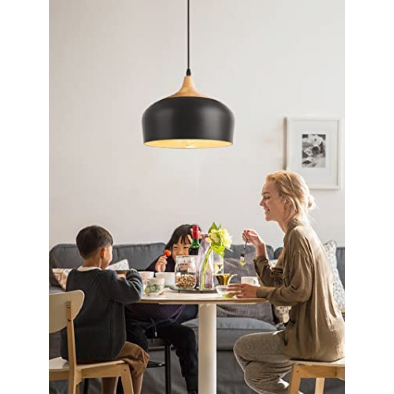 QianZhan 농가 펜던트 조명기구, 부엌 섬 헛간 식당 침실에 대한 단단한 나무 조정 가능한 검은 펜던트 조명과 현대 매달려 조명