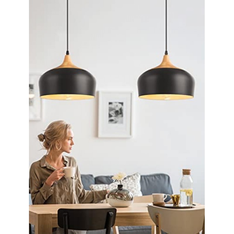 QianZhan 농가 펜던트 조명기구, 부엌 섬 헛간 식당 침실에 대한 단단한 나무 조정 가능한 검은 펜던트 조명과 현대 매달려 조명