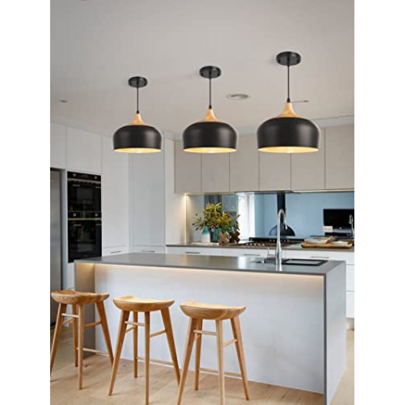 QianZhan 농가 펜던트 조명기구, 부엌 섬 헛간 식당 침실에 대한 단단한 나무 조정 가능한 검은 펜던트 조명과 현대 매달려 조명