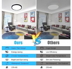 Wowag 4PACK LED 매립형 천장 조명기구, 12인치 슈퍼 슬림 24W 2200lm, 침실, 주방, 식당용 3000k/4000k/6000K 표면 실장 천장 조명기구 3개(검은색)