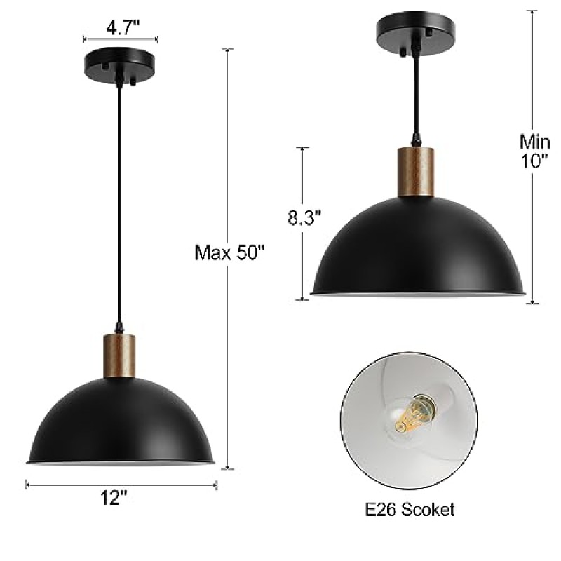 Eustace 대형 펜던트 조명, 소박한 돔 조명, 주방 아일랜드, 다이닝 룸, 블랙, 12