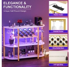 콘센트와 LED 조명이 포함된 Unikito 4단 금속 커피 바 캐비닛, 유리 홀더와 와인 보관함이 있는 주류용 독립형 바닥 바 테이블, 주방 다이닝룸용 와인 베이커 랙, 흰색과 금색