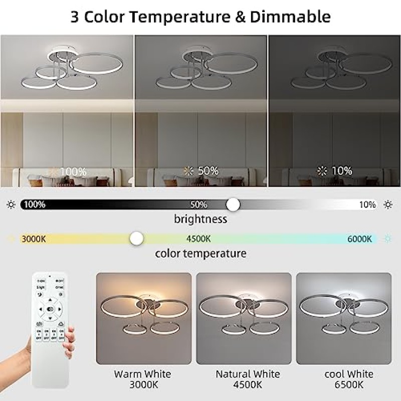 CANEOE 현대식 LED 천장 조명, 원격 제어 기능이 있는 60W 밝기 조절이 가능한 천장 조명 설비, 거실 침실 식당 주방 사무실용 링 4개 크롬 플러시 마운트 천장 조명…