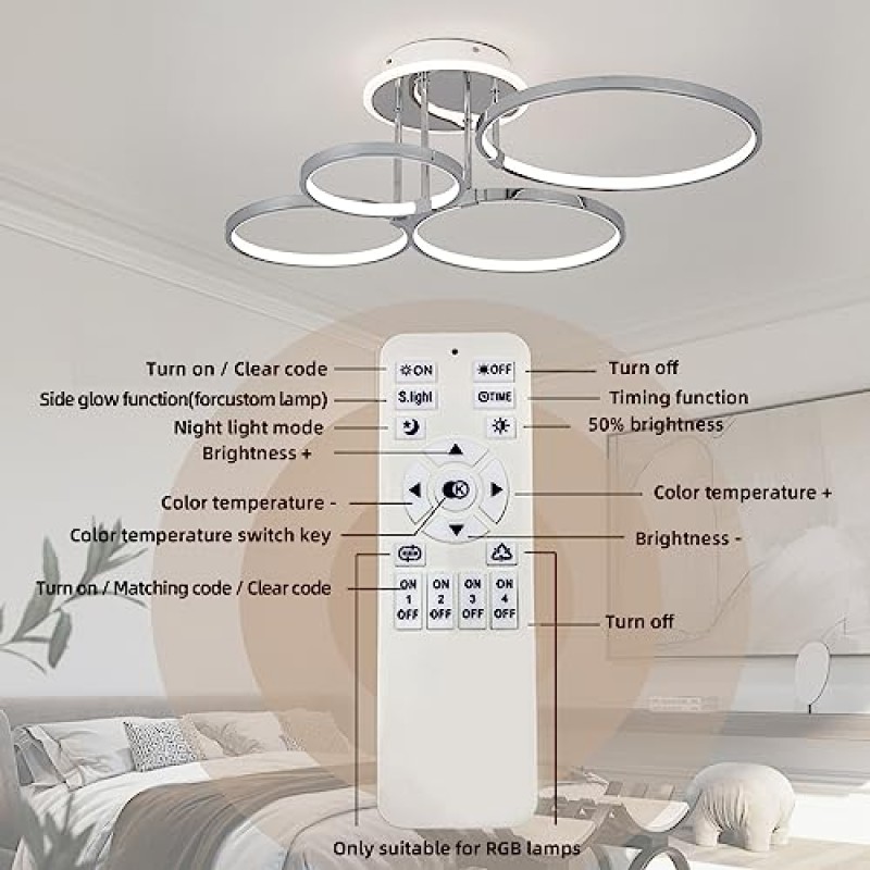 CANEOE 현대식 LED 천장 조명, 원격 제어 기능이 있는 60W 밝기 조절이 가능한 천장 조명 설비, 거실 침실 식당 주방 사무실용 링 4개 크롬 플러시 마운트 천장 조명…