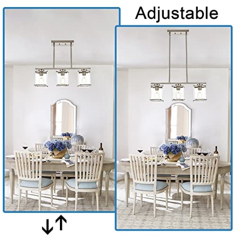 MELUCEE 주방 아일랜드 조명 브러시드 니켈 3등 다이닝 룸 조명 기구 직사각형 투명 유리 갓이 있는 테이블 위 주방 로비 복도용 선형 조명 기구 천장 걸이