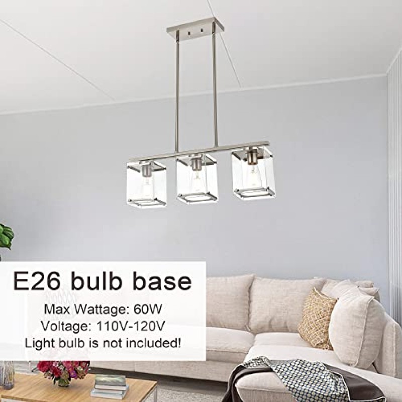 MELUCEE 주방 아일랜드 조명 브러시드 니켈 3등 다이닝 룸 조명 기구 직사각형 투명 유리 갓이 있는 테이블 위 주방 로비 복도용 선형 조명 기구 천장 걸이