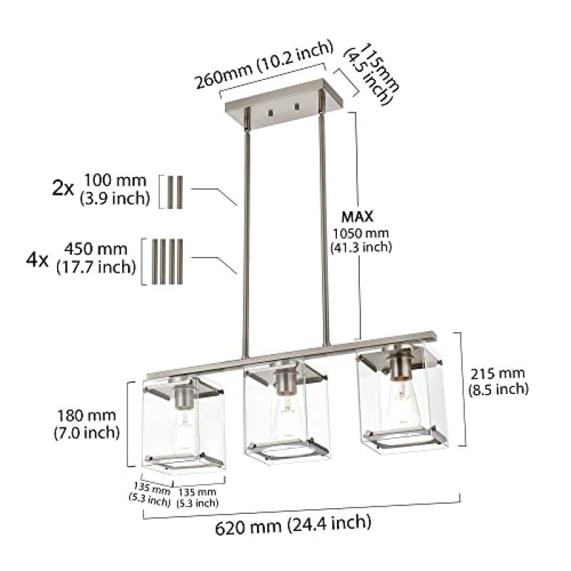 MELUCEE 주방 아일랜드 조명 브러시드 니켈 3등 다이닝 룸 조명 기구 직사각형 투명 유리 갓이 있는 테이블 위 주방 로비 복도용 선형 조명 기구 천장 걸이