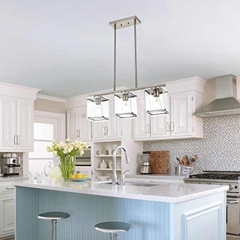 MELUCEE 주방 아일랜드 조명 브러시드 니켈 3등 다이닝 룸 조명 기구 직사각형 투명 유리 갓이 있는 테이블 위 주방 로비 복도용 선형 조명 기구 천장 걸이