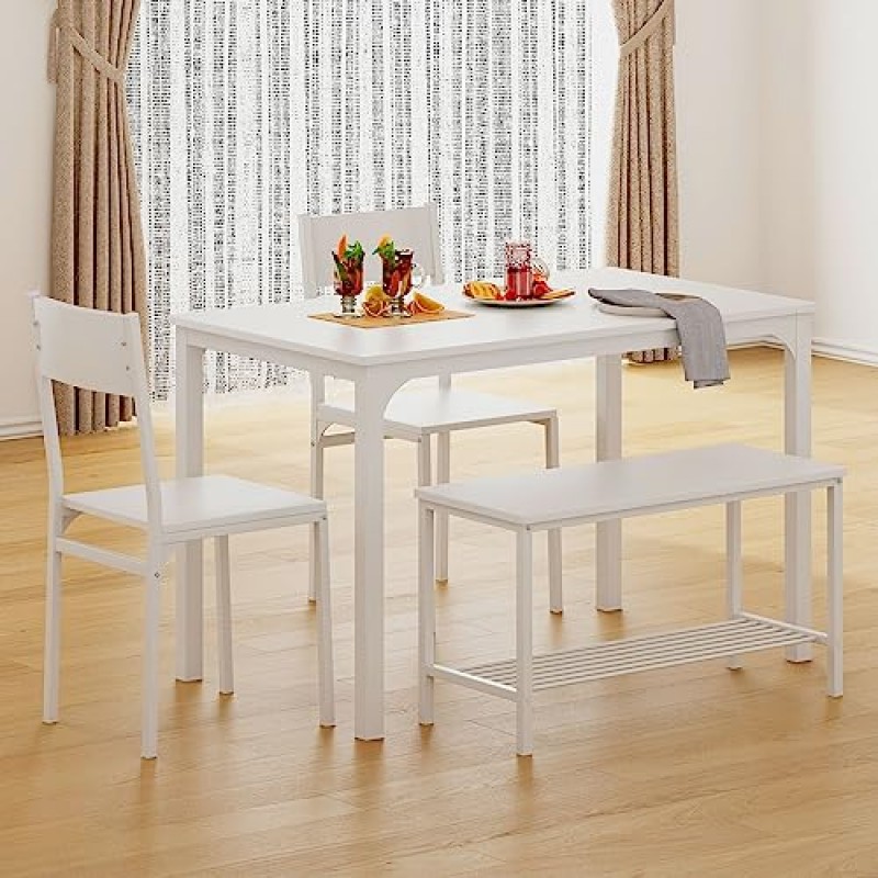 sogesfurniture 4피스 식탁 세트, 식탁 세트 벤치와 의자가 있는 주방 테이블, 4인용 벤치가 있는 주방 저녁 식사 테이블, 테이블 포함, 의자 2개 및 벤치, 흰색