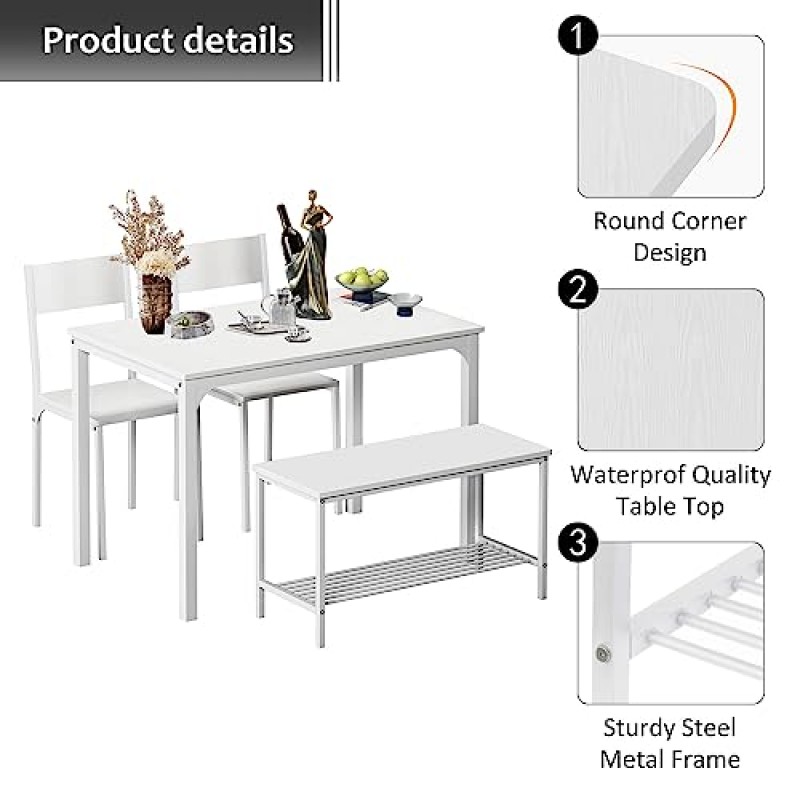 sogesfurniture 4피스 식탁 세트, 식탁 세트 벤치와 의자가 있는 주방 테이블, 4인용 벤치가 있는 주방 저녁 식사 테이블, 테이블 포함, 의자 2개 및 벤치, 흰색