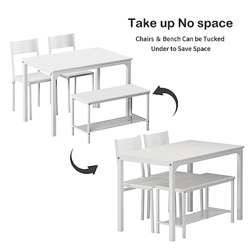 sogesfurniture 4피스 식탁 세트, 식탁 세트 벤치와 의자가 있는 주방 테이블, 4인용 벤치가 있는 주방 저녁 식사 테이블, 테이블 포함, 의자 2개 및 벤치, 흰색