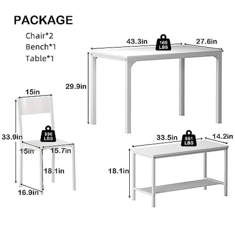 sogesfurniture 4피스 식탁 세트, 식탁 세트 벤치와 의자가 있는 주방 테이블, 4인용 벤치가 있는 주방 저녁 식사 테이블, 테이블 포함, 의자 2개 및 벤치, 흰색