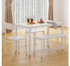 sogesfurniture 4피스 식탁 세트, 식탁 세트 벤치와 의자가 있는 주방 테이블, 4인용 벤치가 있는 주방 저녁 식사 테이블, 테이블 포함, 의자 2개 및 벤치, 흰색