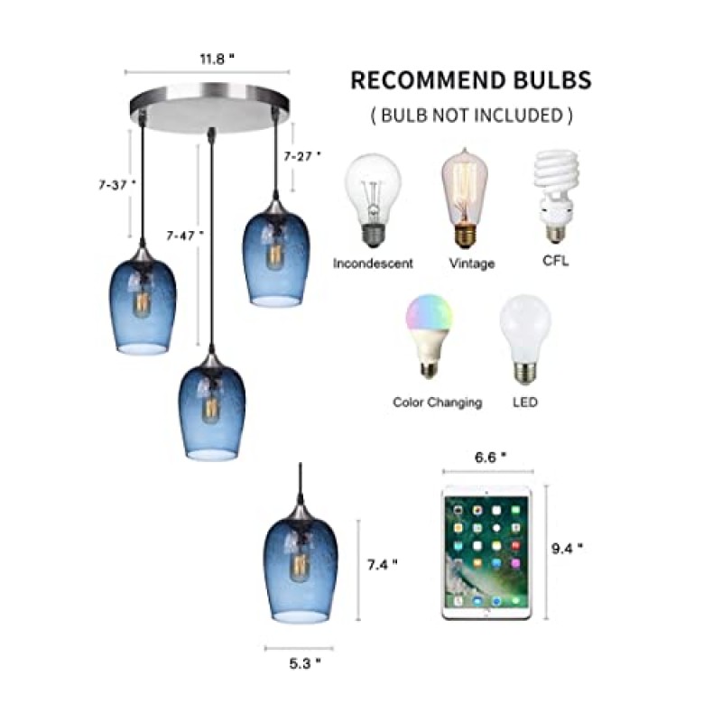 ARIAMOTION 펜던트 조명 주방 아일랜드 유리 샹들리에 다이닝 룸 테이블 클러스터 펜던트 조명 모던 블루 버블 눈물방울 천장 걸이형 전등 3등 전등갓 7인치 H