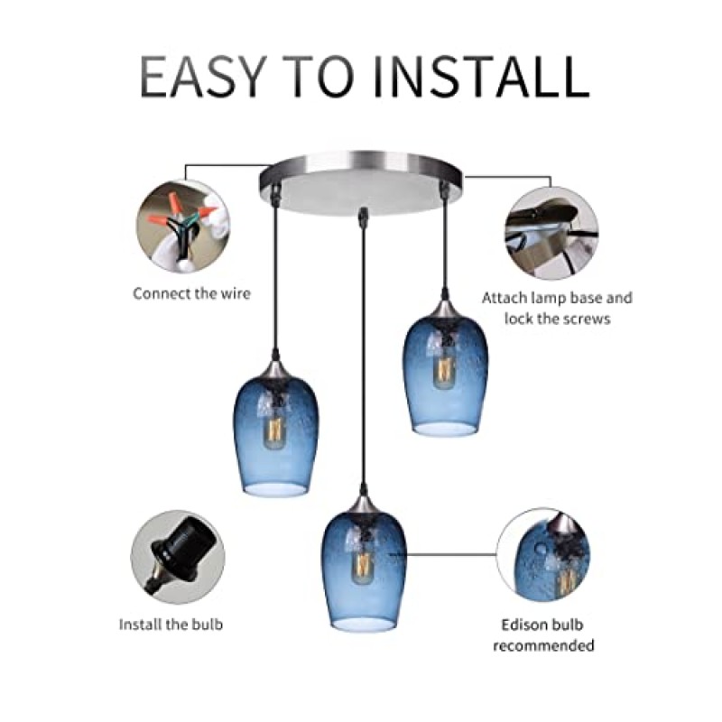 ARIAMOTION 펜던트 조명 주방 아일랜드 유리 샹들리에 다이닝 룸 테이블 클러스터 펜던트 조명 모던 블루 버블 눈물방울 천장 걸이형 전등 3등 전등갓 7인치 H