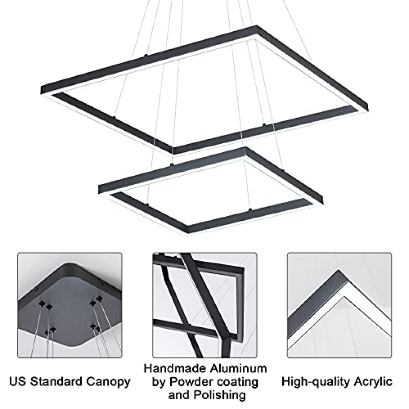 MADEM 현대 LED Chadnelier 2 링 블랙 샹들리에 디밍이 가능한 펜던트 라이트 스퀘어 샹들리에 다이닝 룸 거실 주방 아일랜드, 6000K 쿨 화이트, 4680LM 72W