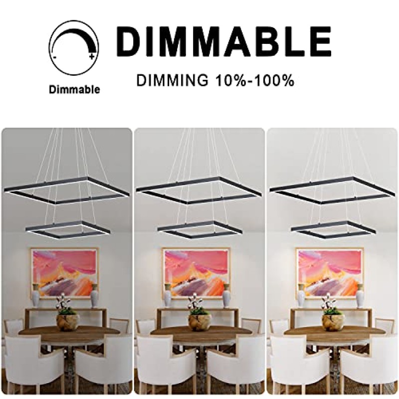 MADEM 현대 LED Chadnelier 2 링 블랙 샹들리에 디밍이 가능한 펜던트 라이트 스퀘어 샹들리에 다이닝 룸 거실 주방 아일랜드, 6000K 쿨 화이트, 4680LM 72W