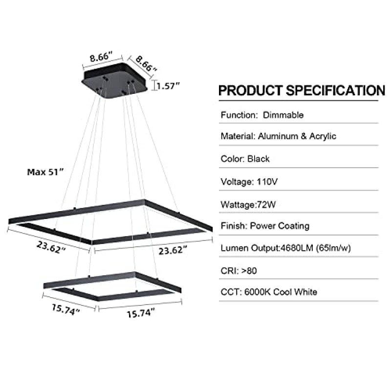 MADEM 현대 LED Chadnelier 2 링 블랙 샹들리에 디밍이 가능한 펜던트 라이트 스퀘어 샹들리에 다이닝 룸 거실 주방 아일랜드, 6000K 쿨 화이트, 4680LM 72W