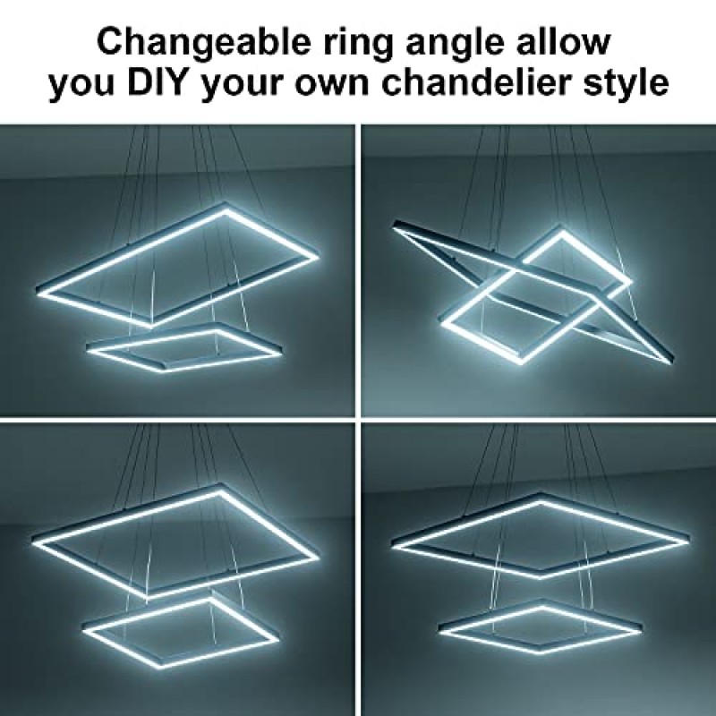 MADEM 현대 LED Chadnelier 2 링 블랙 샹들리에 디밍이 가능한 펜던트 라이트 스퀘어 샹들리에 다이닝 룸 거실 주방 아일랜드, 6000K 쿨 화이트, 4680LM 72W