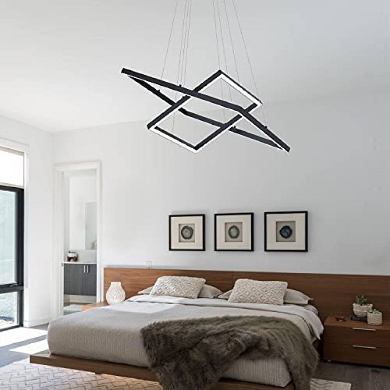 MADEM 현대 LED Chadnelier 2 링 블랙 샹들리에 디밍이 가능한 펜던트 라이트 스퀘어 샹들리에 다이닝 룸 거실 주방 아일랜드, 6000K 쿨 화이트, 4680LM 72W