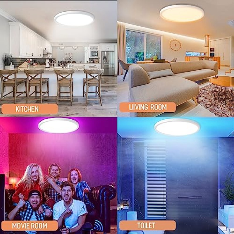 MELEGAN 2개 RGB 스마트 천장 조명, 슈퍼 슬림 LED 매립형 천장, Alexa Google 홈과 WiFi 작동, 침실, 주방, 식당, 지하실용 12인치 24W 밝기 조절 가능 2700K-6500K