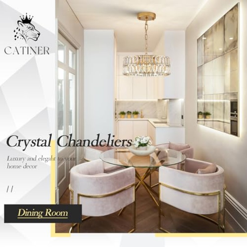 CATINER 골드 크리스탈 샹들리에, 현대적인 세미 플러시 마운트 샹들리에 4등 드럼 크리스탈 천장 펜던트 조명기구 12인치 로비 입구 주방 복도 다이닝룸