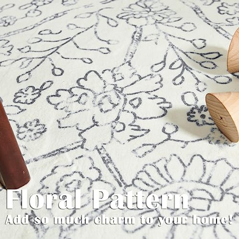 Jinchan Area Rug 5x7 러그 빨 수 있는 Boho 침실 러그 실내 꽃 프린트 카펫 악세사리 얇은 러그 악센트 러그 경량 거실 다이닝 룸 주방 그레이 온 크림