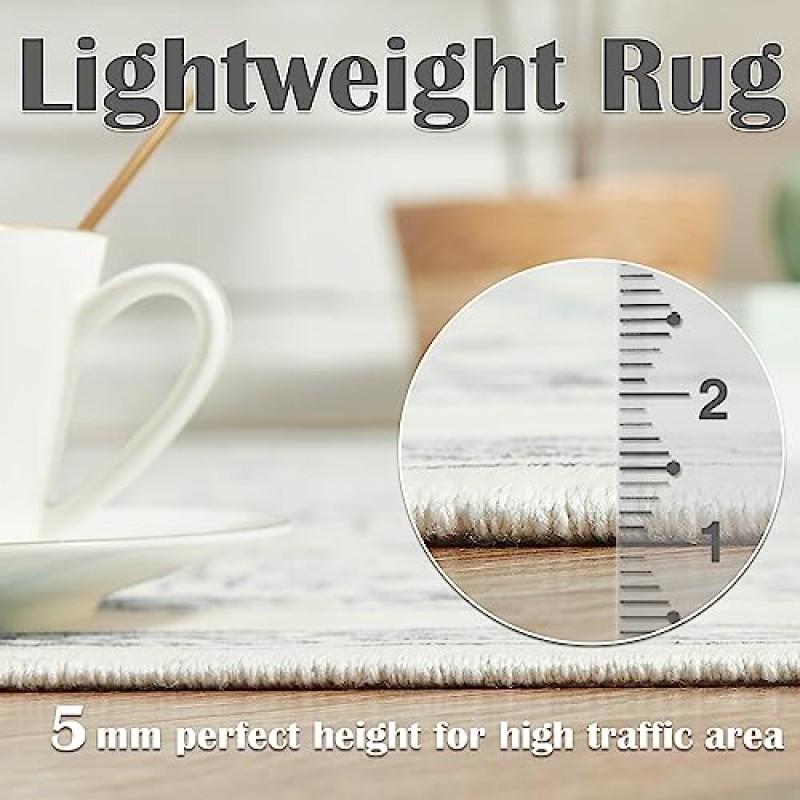 Jinchan Area Rug 5x7 러그 빨 수 있는 Boho 침실 러그 실내 꽃 프린트 카펫 악세사리 얇은 러그 악센트 러그 경량 거실 다이닝 룸 주방 그레이 온 크림