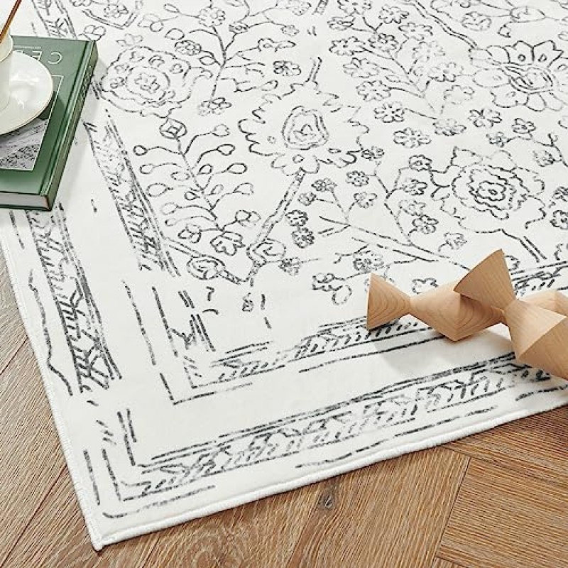 Jinchan Area Rug 5x7 러그 빨 수 있는 Boho 침실 러그 실내 꽃 프린트 카펫 악세사리 얇은 러그 악센트 러그 경량 거실 다이닝 룸 주방 그레이 온 크림