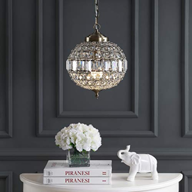 JONATHAN Y JYL6110A Georgina 12인치 크리스탈/금속 LED 샹들리에 펜던트 글램 현대식 과도기 조광 가능 다이닝 룸 거실 주방 로비 침실 복도, 12인치, 앤티크 황동/투명