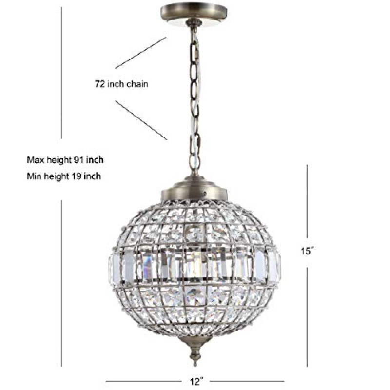 JONATHAN Y JYL6110A Georgina 12인치 크리스탈/금속 LED 샹들리에 펜던트 글램 현대식 과도기 조광 가능 다이닝 룸 거실 주방 로비 침실 복도, 12인치, 앤티크 황동/투명