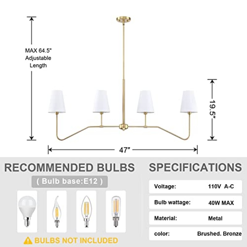 Dolaimy House 4 라이트 골드 선형 주방 아일랜드 조명기구 클래식 샹들리에 화이트 리넨으로 닦은 청동 휴게실 거실 E12 베이스를 위한 현대 샹들리에 갓