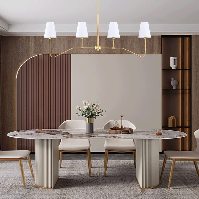Dolaimy House 4 라이트 골드 선형 주방 아일랜드 조명기구 클래식 샹들리에 화이트 리넨으로 닦은 청동 휴게실 거실 E12 베이스를 위한 현대 샹들리에 갓