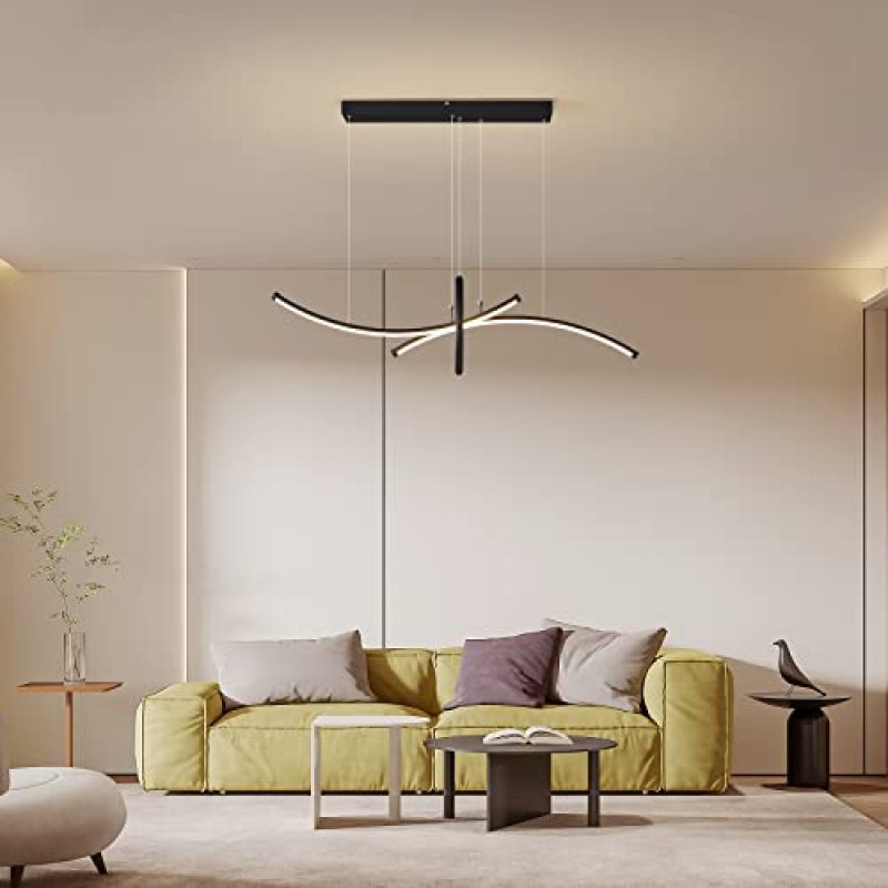 Qcyuui 현대 LED 샹들리에 디밍이 가능한 펜던트 조명 원격 조정 가능 높이 60W 알루미늄 현대 펜던트 조명기구 다이닝 룸 주방 사무실, 3등, 43인치, 매트 블랙
