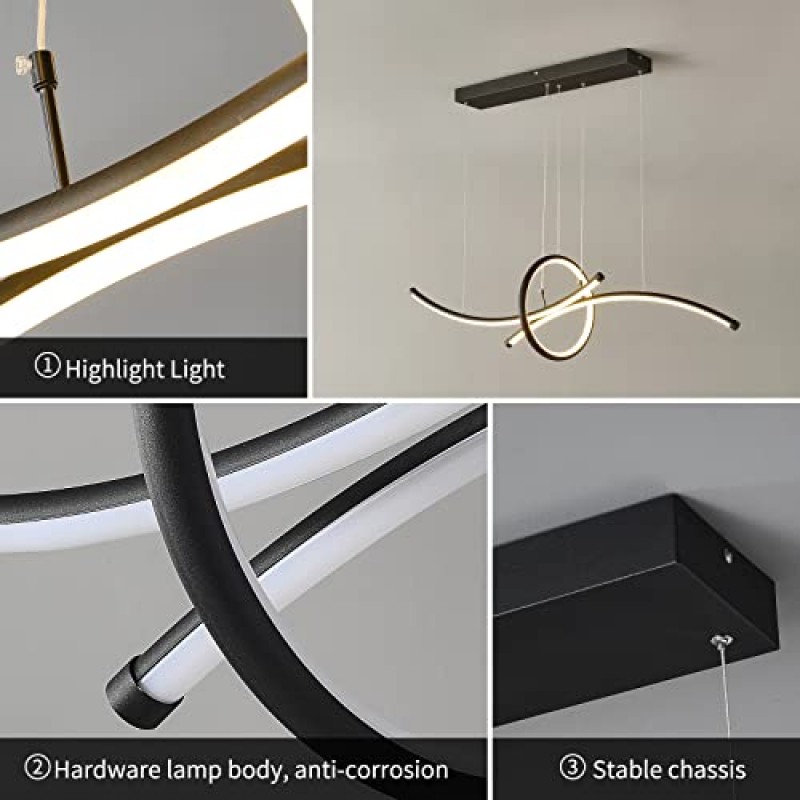 Qcyuui 현대 LED 샹들리에 디밍이 가능한 펜던트 조명 원격 조정 가능 높이 60W 알루미늄 현대 펜던트 조명기구 다이닝 룸 주방 사무실, 3등, 43인치, 매트 블랙