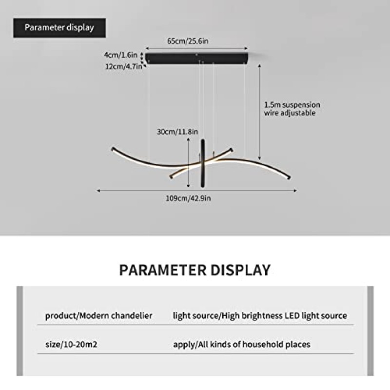 Qcyuui 현대 LED 샹들리에 디밍이 가능한 펜던트 조명 원격 조정 가능 높이 60W 알루미늄 현대 펜던트 조명기구 다이닝 룸 주방 사무실, 3등, 43인치, 매트 블랙
