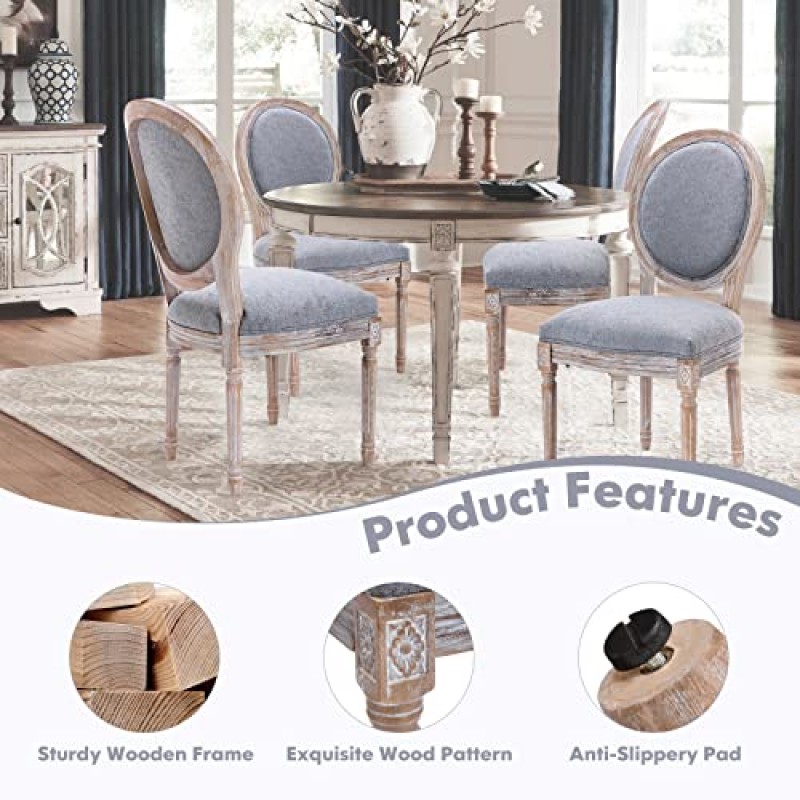 COLAMY 프렌치 컨트리 빈티지 다이닝 체어 6개 세트, 덮개를 씌운 농가 식당 의자, 둥근 등받이, 단단한 나무 다리, 주방/거실/침실용 액센트 사이드 의자