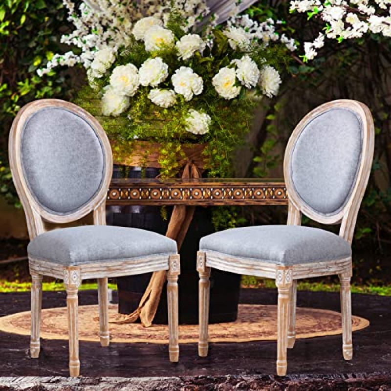 COLAMY 프렌치 컨트리 빈티지 다이닝 체어 6개 세트, 덮개를 씌운 농가 식당 의자, 둥근 등받이, 단단한 나무 다리, 주방/거실/침실용 액센트 사이드 의자