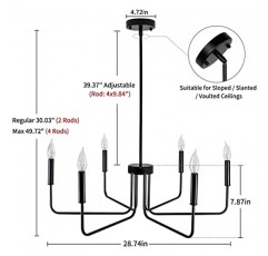 Rviezza 6 라이트 블랙 샹들리에 다이닝 룸 조명기구를위한 현대 농가 샹들리에 교수형, 로비 주방 거실 침실을위한 소박한 산업 캔들 샹들리에