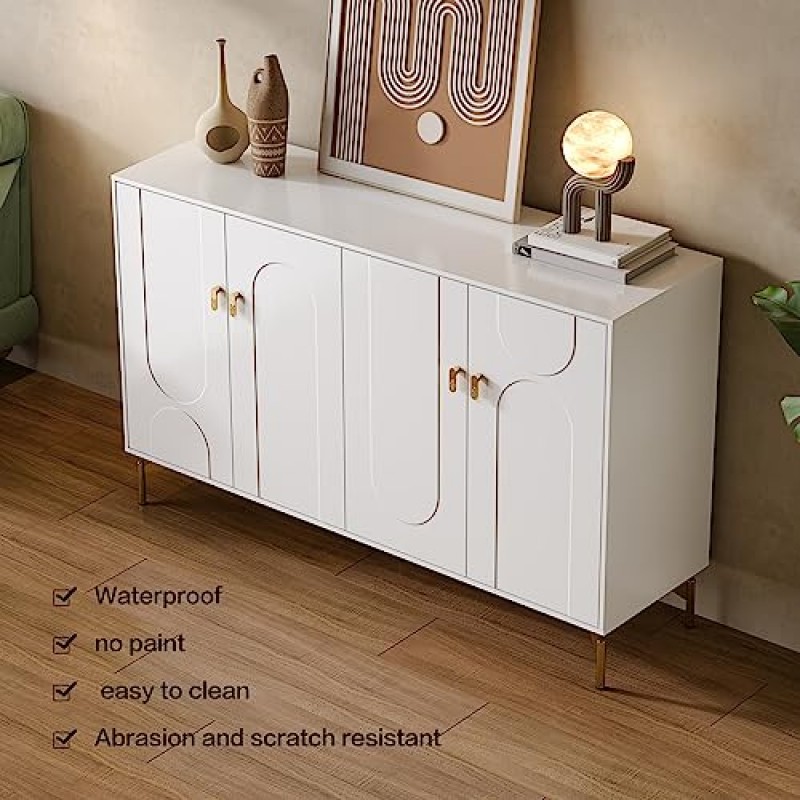 흰색 현대식 찬장, 4개의 문이 있는 주방 뷔페 캐비닛, 조절 가능한 선반, 3섹션 무음 서랍 슬라이드가 있는 독립형 주방 식료품 저장실, 출입구 거실 식당 및 주방용