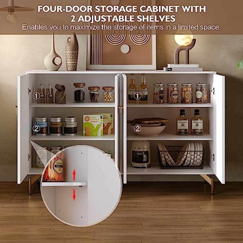 흰색 현대식 찬장, 4개의 문이 있는 주방 뷔페 캐비닛, 조절 가능한 선반, 3섹션 무음 서랍 슬라이드가 있는 독립형 주방 식료품 저장실, 출입구 거실 식당 및 주방용