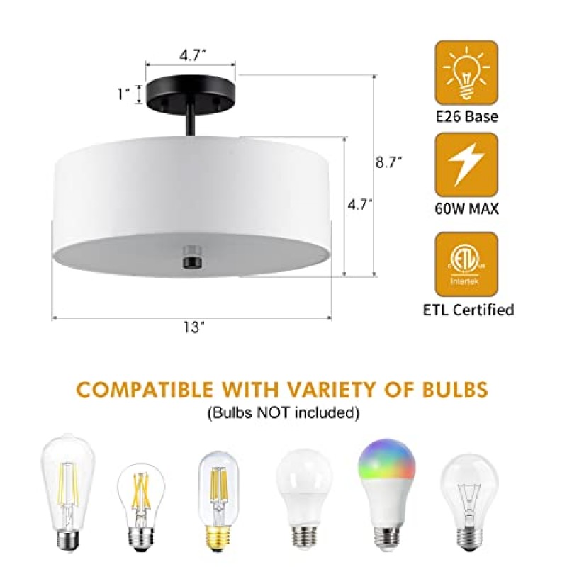 Ludil 3등 세미 매립형 천장 조명기구, 13인치 검정색 드럼 조명, 침실 거실용 흰색 패브릭 갓 램프가 포함된 천장 조명과 가까운 현대적인 침실 거실 주방 복도 입구