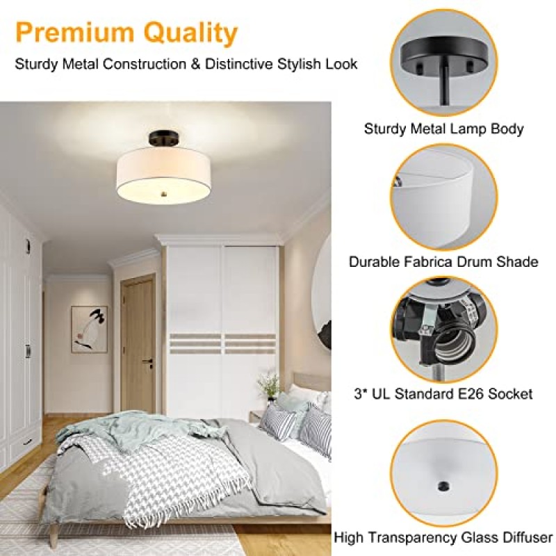 Ludil 3등 세미 매립형 천장 조명기구, 13인치 검정색 드럼 조명, 침실 거실용 흰색 패브릭 갓 램프가 포함된 천장 조명과 가까운 현대적인 침실 거실 주방 복도 입구