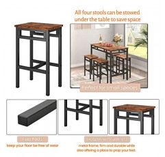 GLANZEND W1162 5피스 테이블 및 의자 세트, 직사각형 펍 테이블 및 바 스툴 4개, 아침 식사, 주방, 거실, 식당용 산업용 스타일의 견고한 금속 프레임, 소박한 갈색